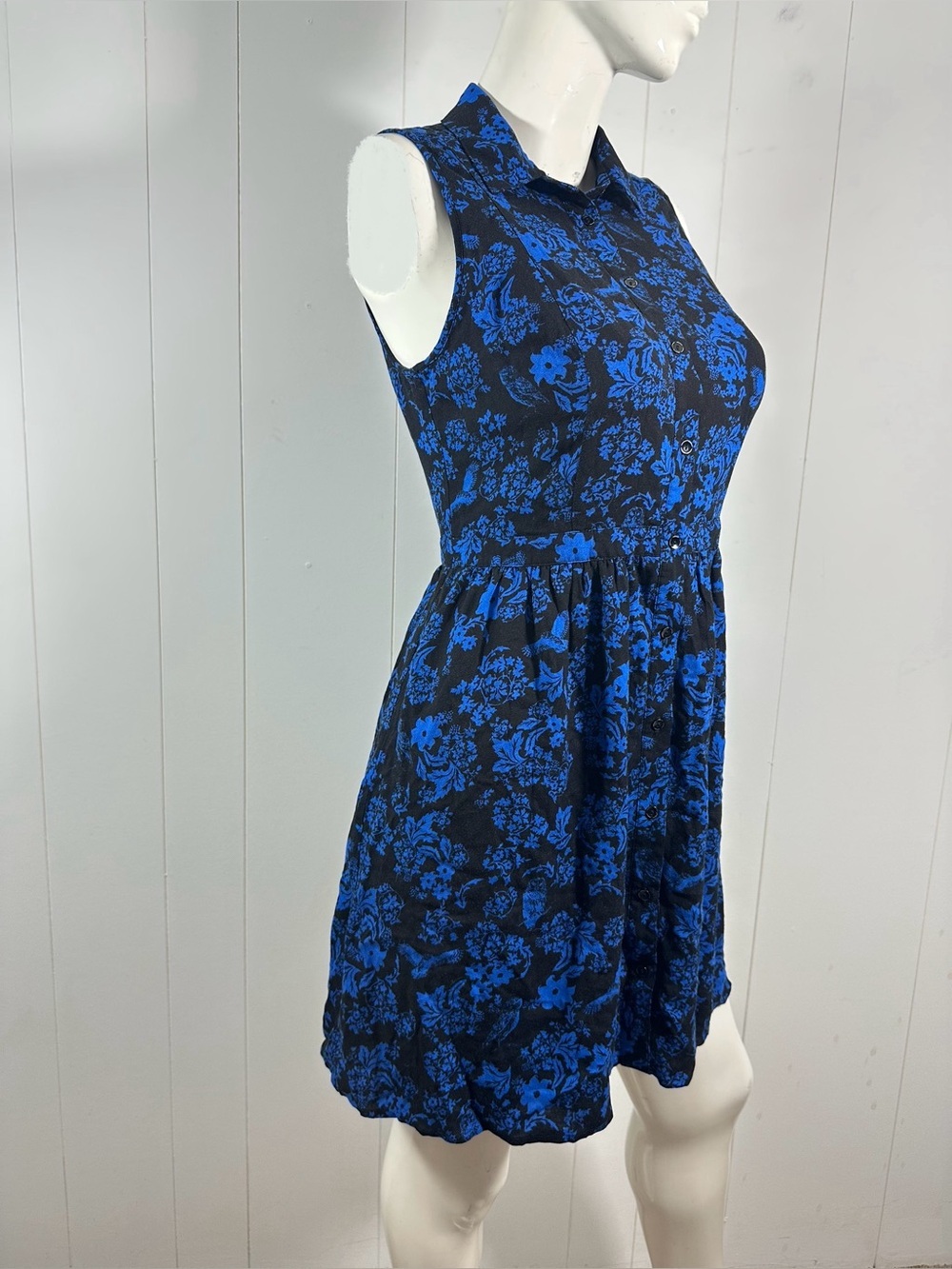 NEW GH BASS Size S Sleeveless Blue Black Floral Lined Dress Button Front Mini - Picture 3 of 11